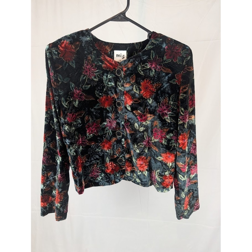 Vintage Miz California Floral Velvet Cardigan Button Front Shoulder Pads USA M